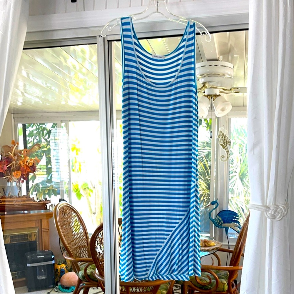 Calvin Klein Blue and White Striped Top